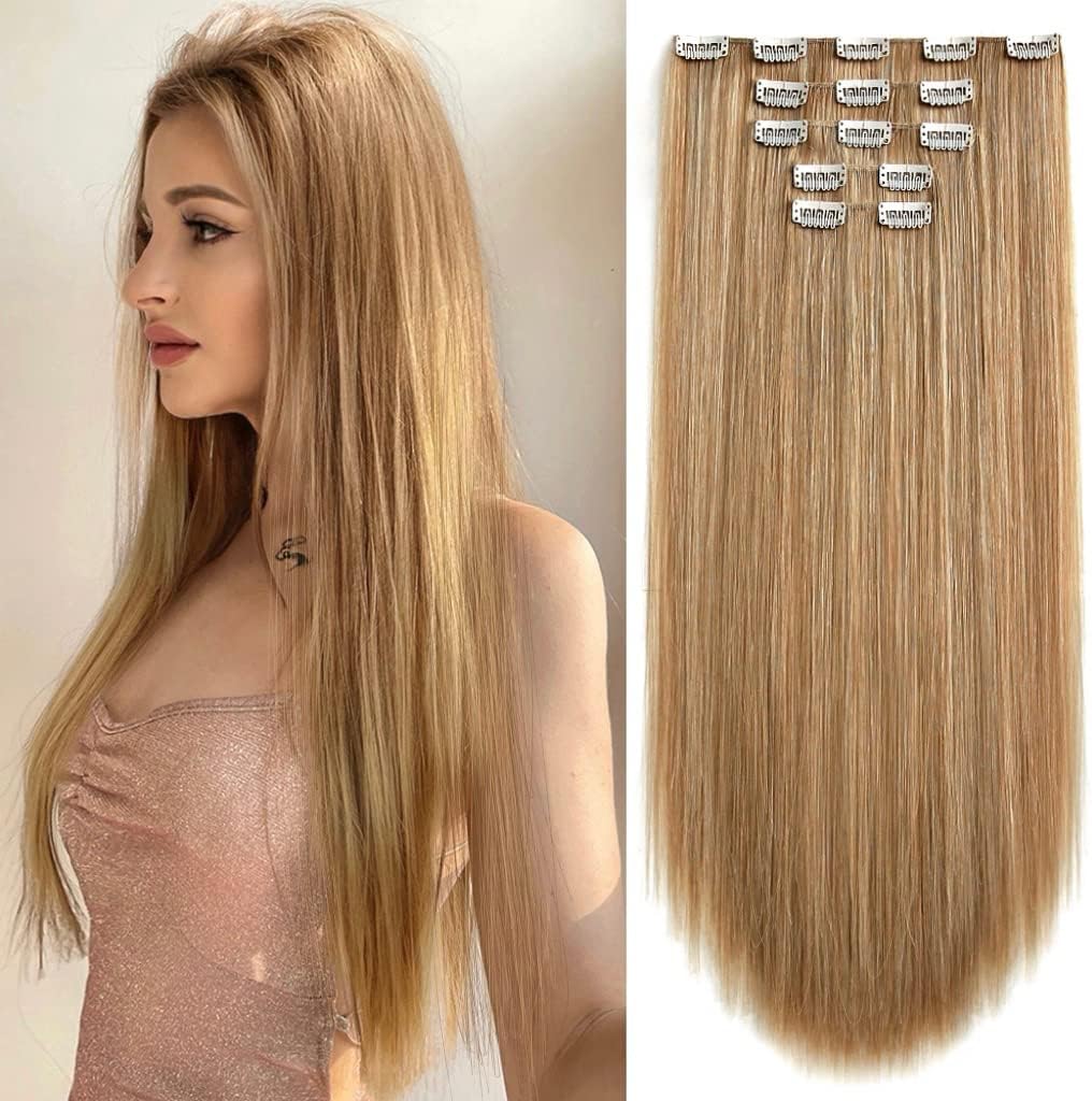 StrRid Blonde Clip In Hair Extensions front view of 22 inch straight synthetic hairpieces for women.