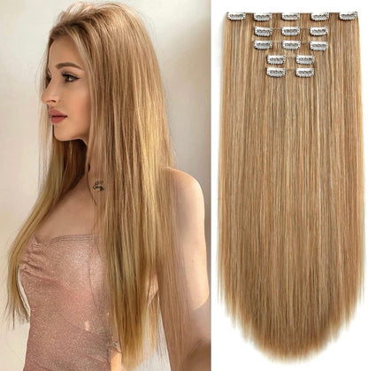 StrRid Blonde Clip In Hair Extensions front view of 22 inch straight synthetic hairpieces for women.