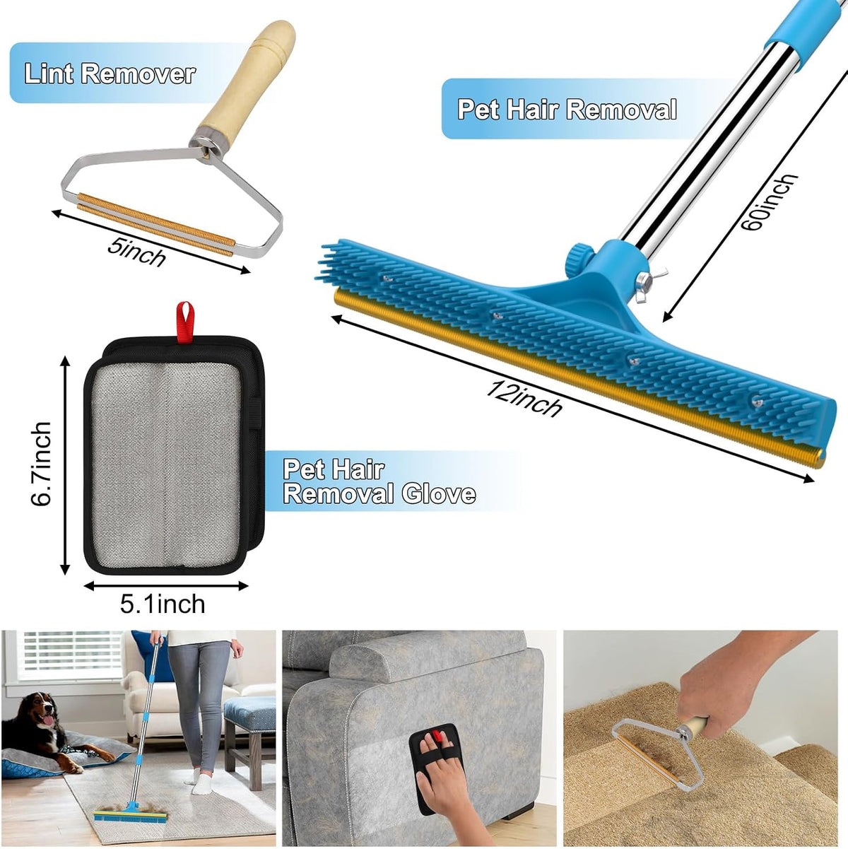 Mupapi 3-in-1 carpet rake set for dog and cat fur