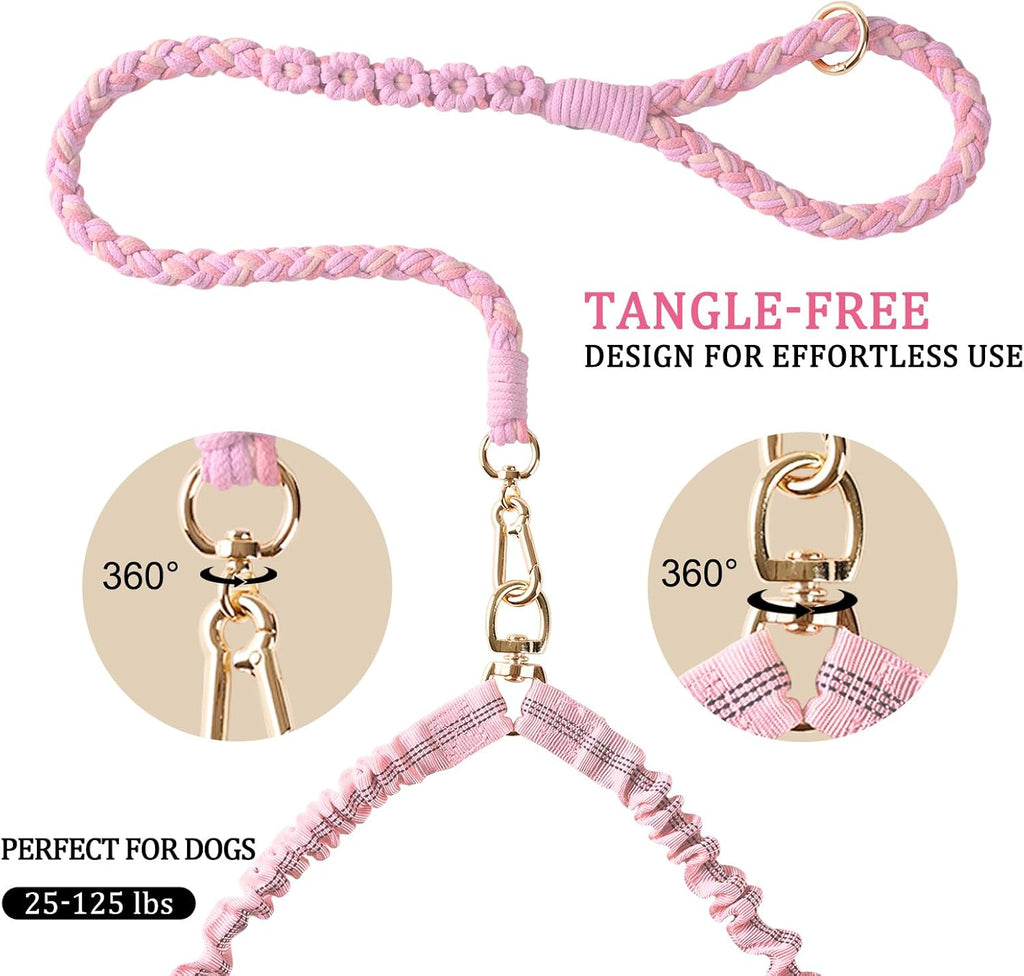 Pink tangle free dual dog leash close up of 360 degree swivel clasp
