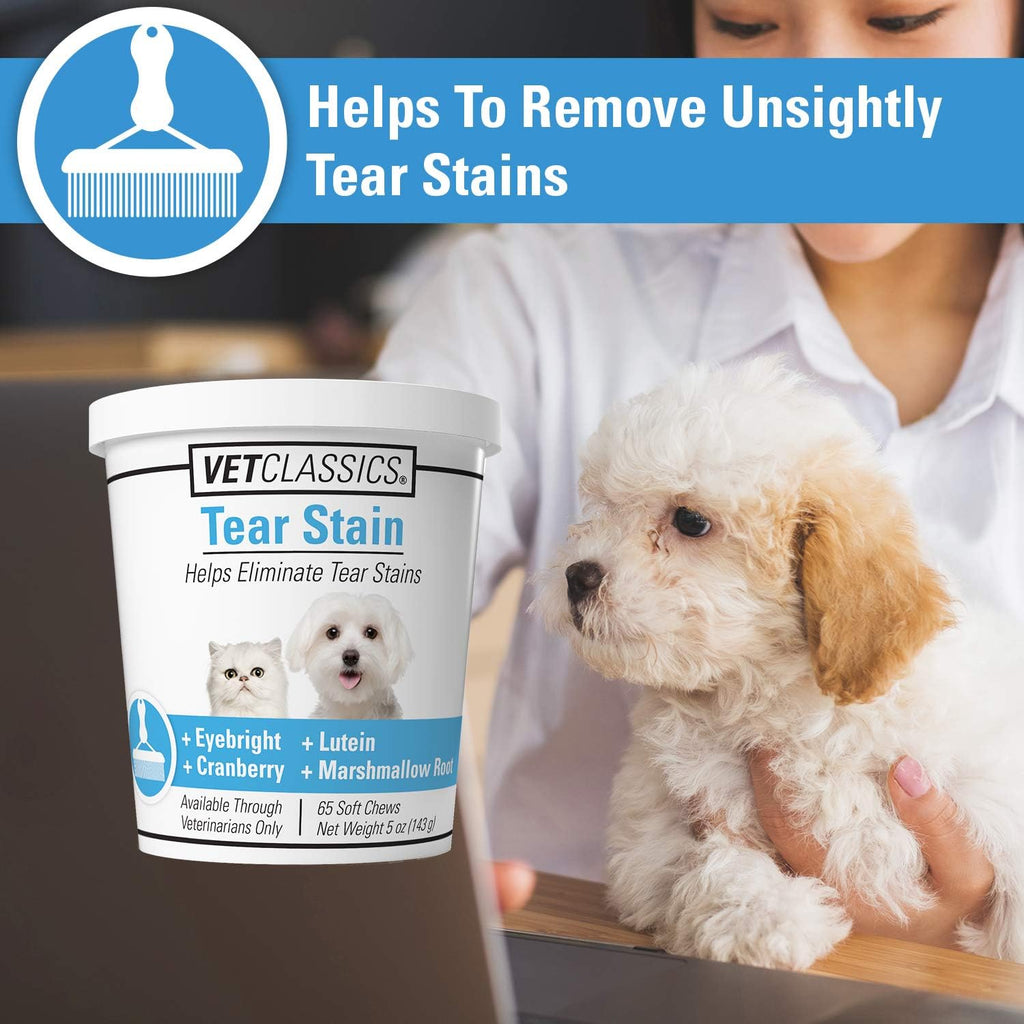 Premium dog and cat tear stain remover supplement bottle from the side.