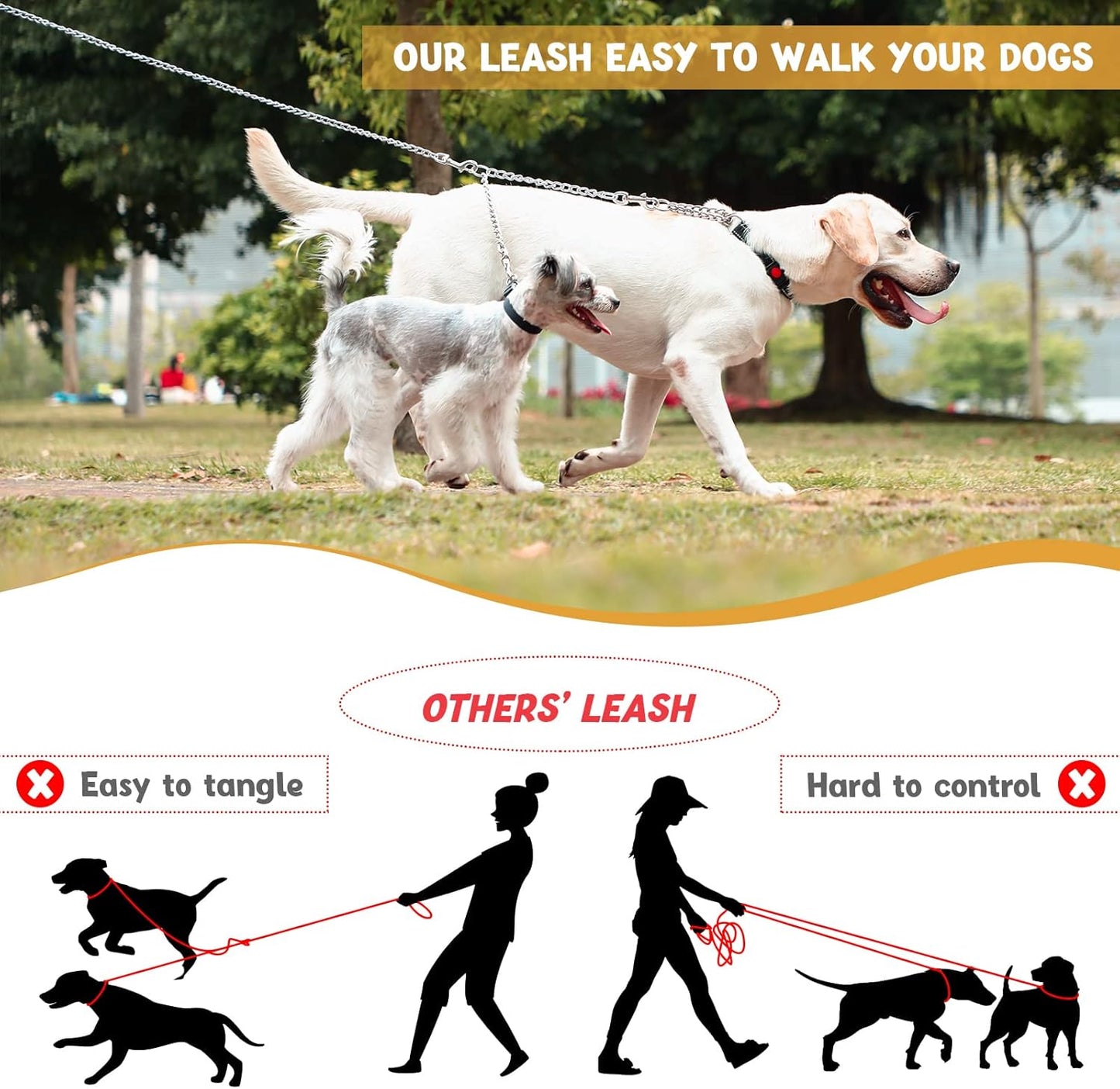 Pettom heavy duty dual dog lead silver alloy steel tangle free double clip