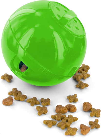 PetSafe slow feeder ball showcasing the BPA free plastic construction and lightweight spherical design.