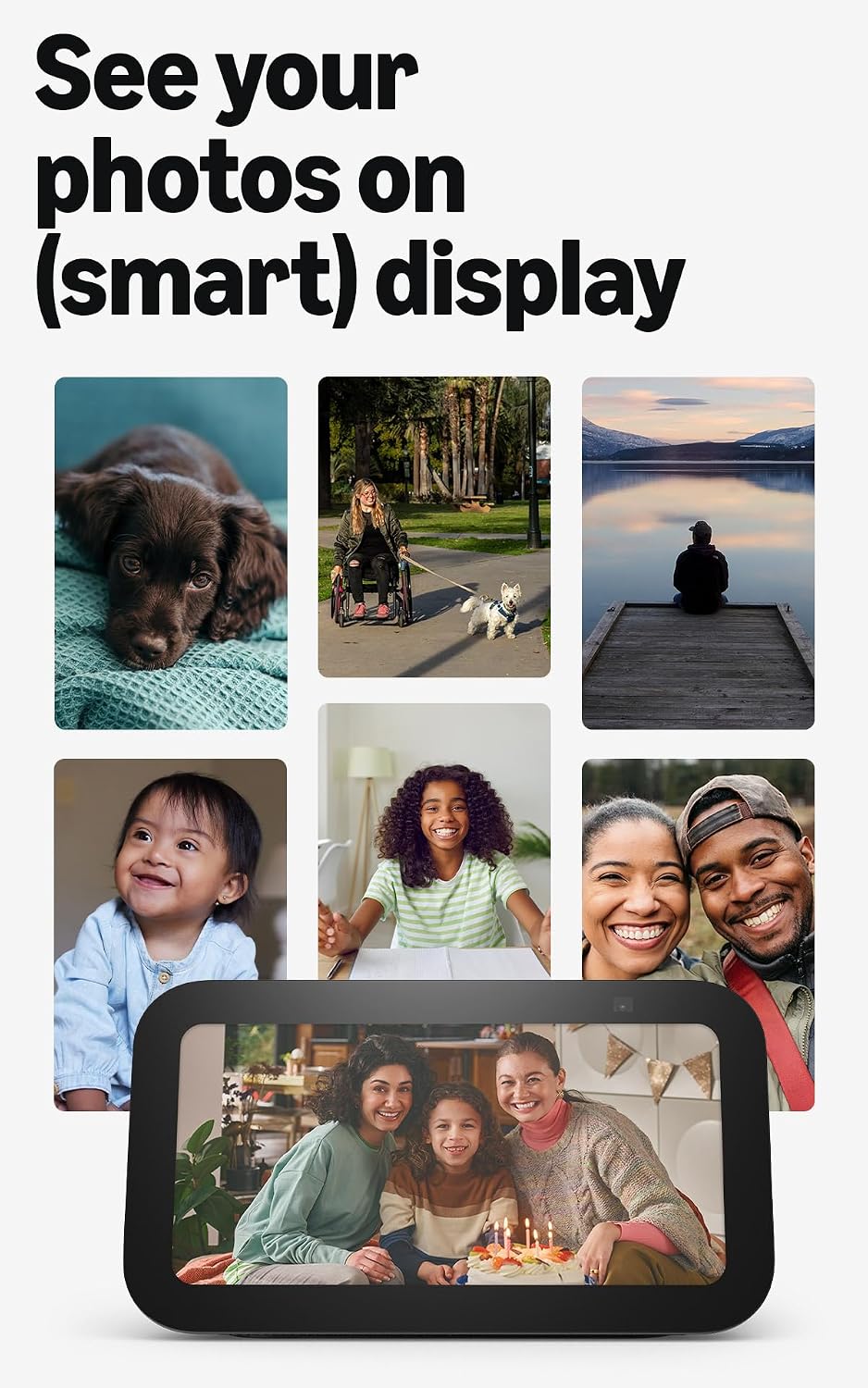 Premium charcoal fabric smart display device angled view