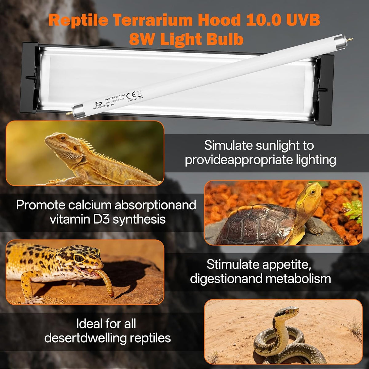 T5 UVB Reptile Light Fixture Combo Kit 8W: 10.0 HO UVB Light for Reptiles Terrarium Hood Comes with UVB Lamp, 12'' Linear UVB Light Bar for Desert Bearded Dragon,Turtle,Gecko - UV Sensor Test Card - Image 9