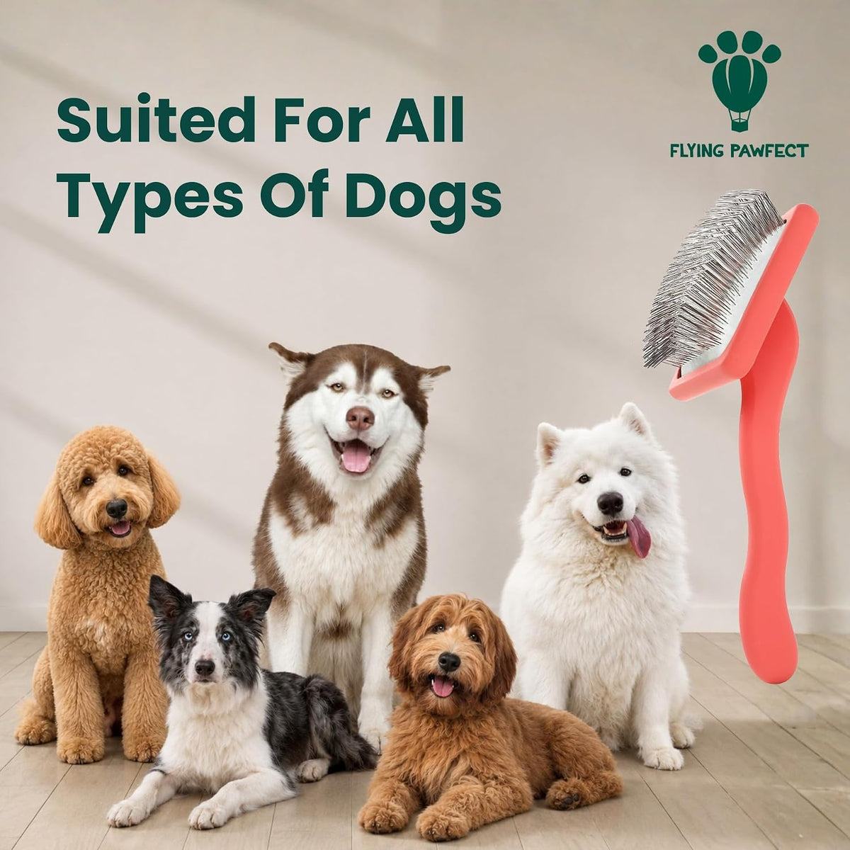 Comparison of the long pin brush next to standard pet slicker brushes