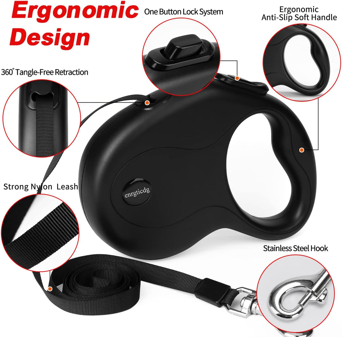 Side profile of black Enrgticdg dog leash casing