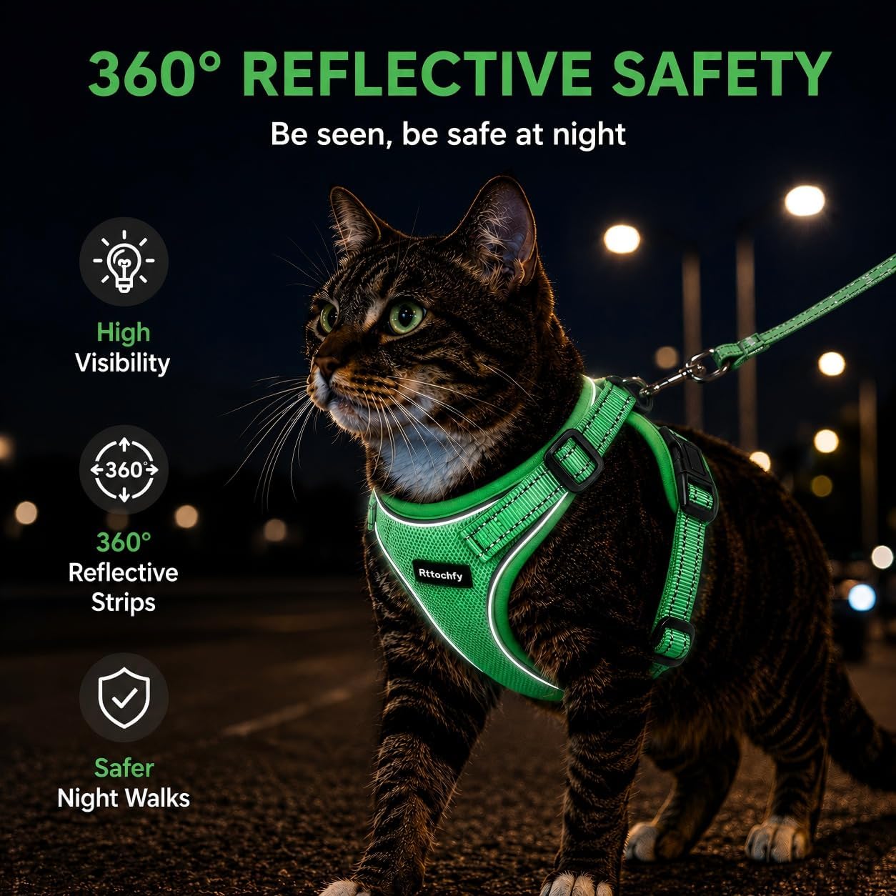 Rttochfy green medium cat harness with matching nylon walking leash