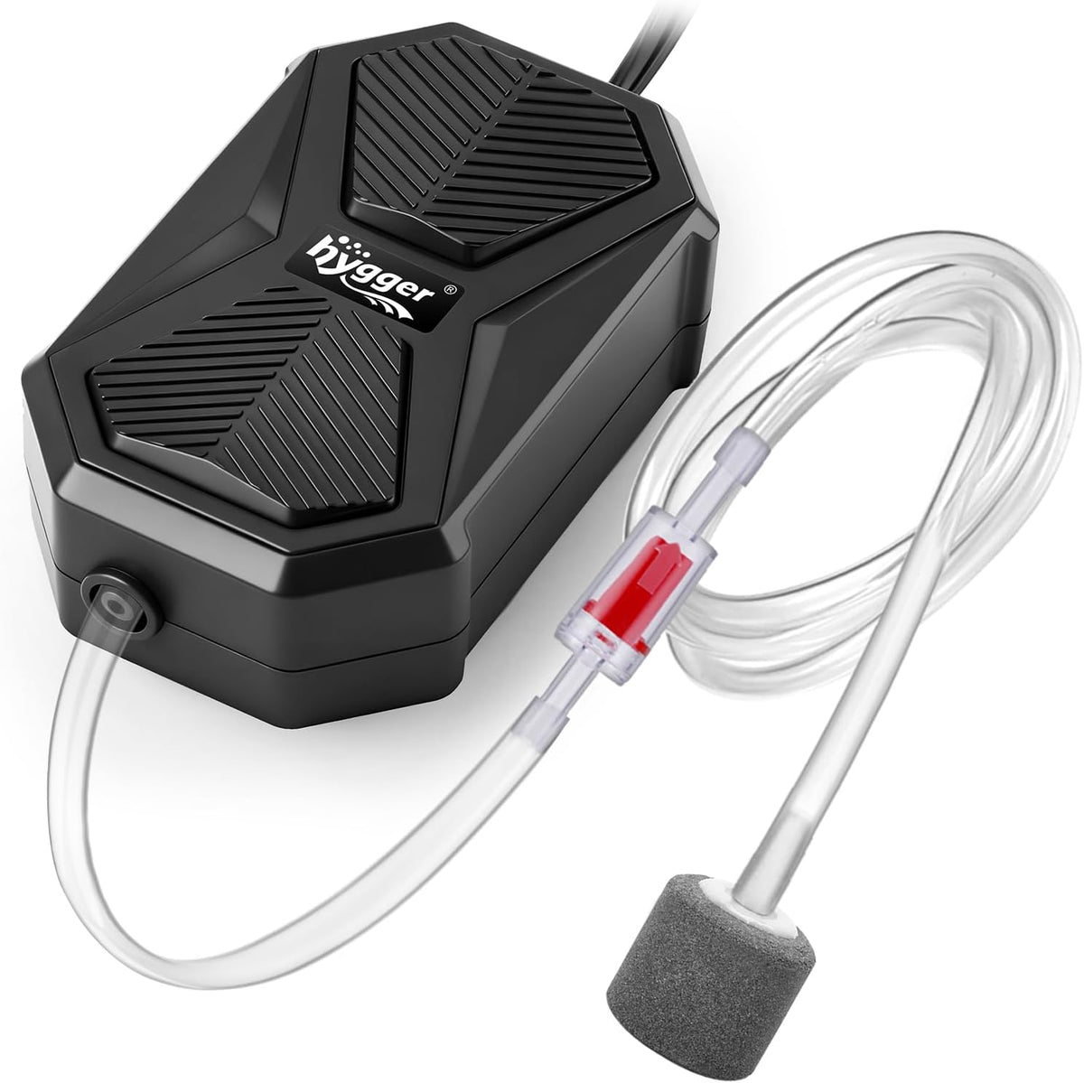 Hygger aquarium air pump front view with included accessories.