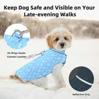 Water resistant puppy cold weather coat with reflective stripes side view