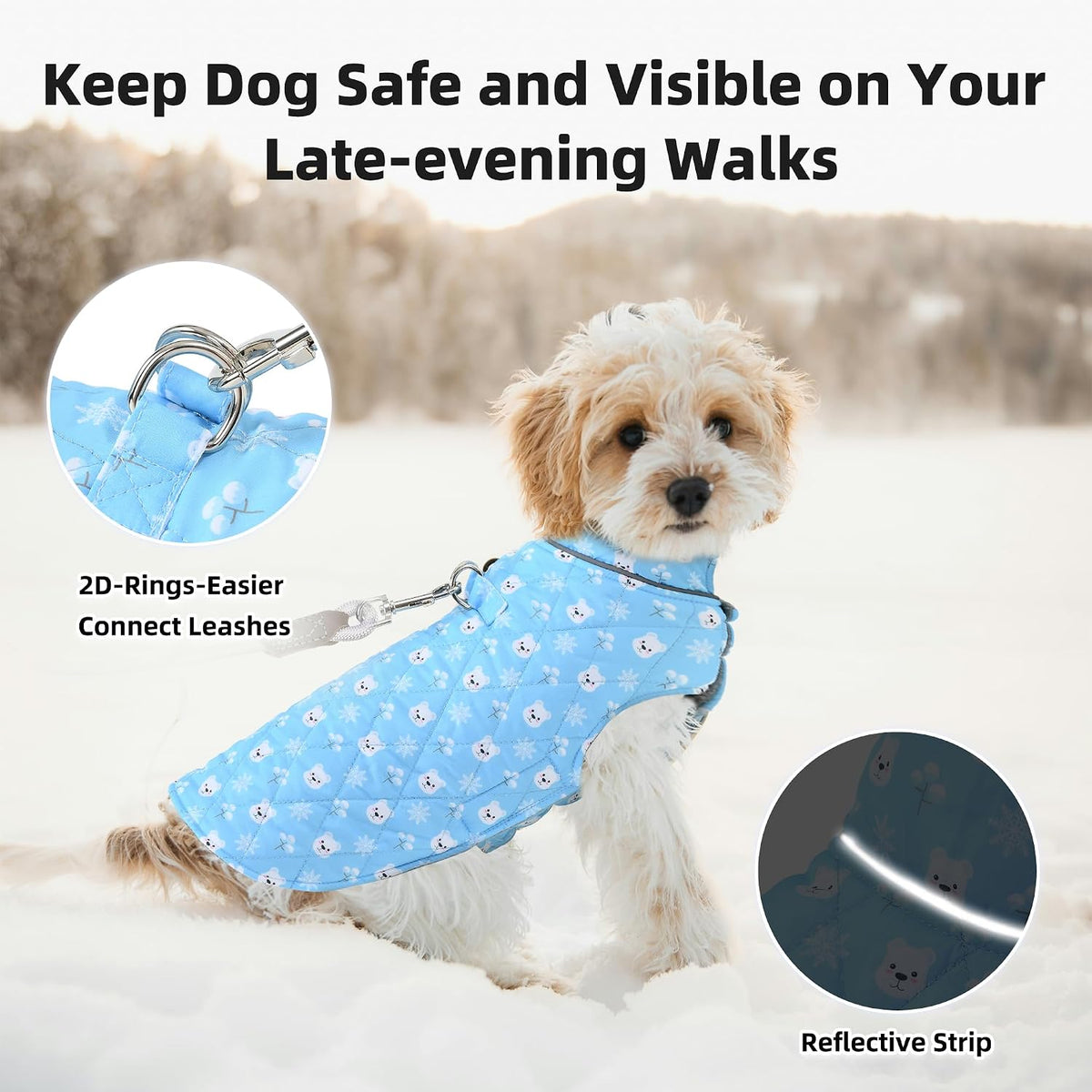 Water resistant puppy cold weather coat with reflective stripes side view