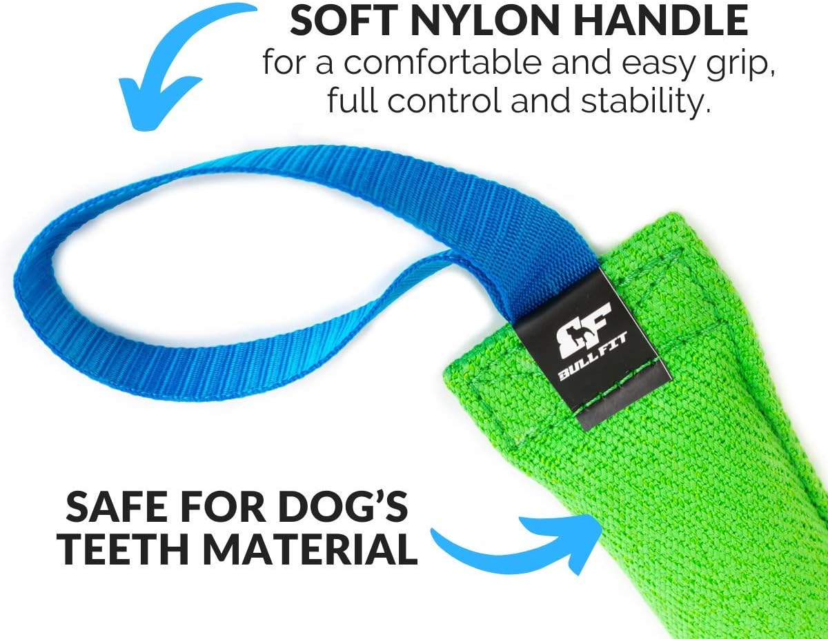 Bull Fit professional dog training tug toy held by handler during an interactive workout.