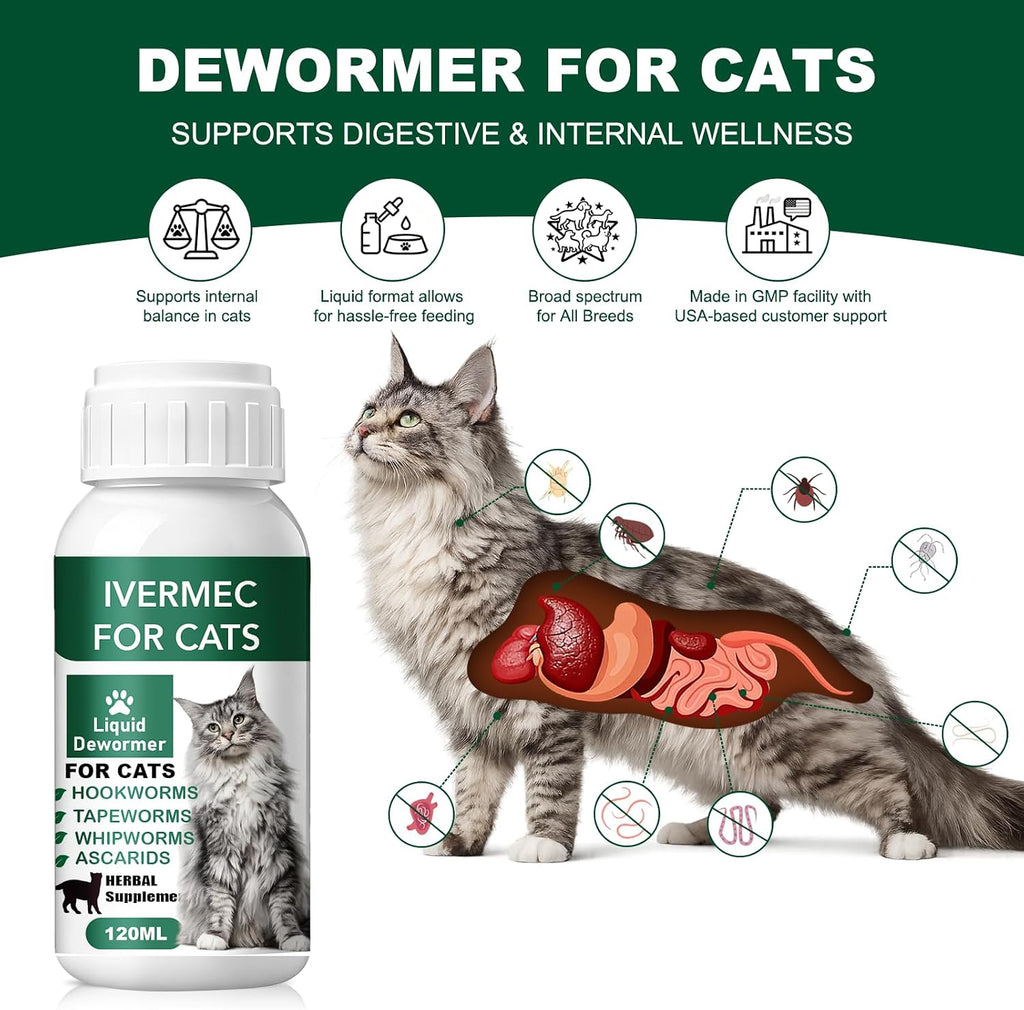 Hsl broad spectrum feline dewormer packaging showing intestinal health benefits.