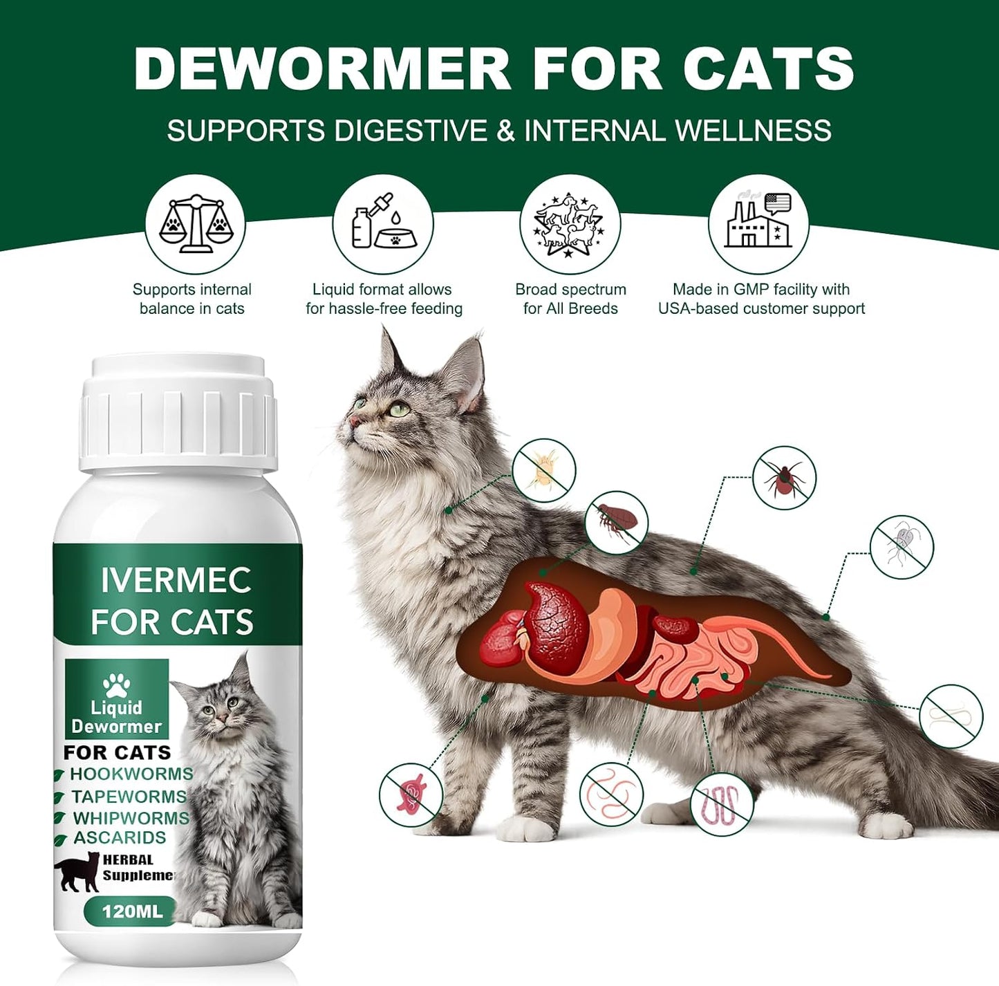 Hsl broad spectrum feline dewormer packaging showing intestinal health benefits.