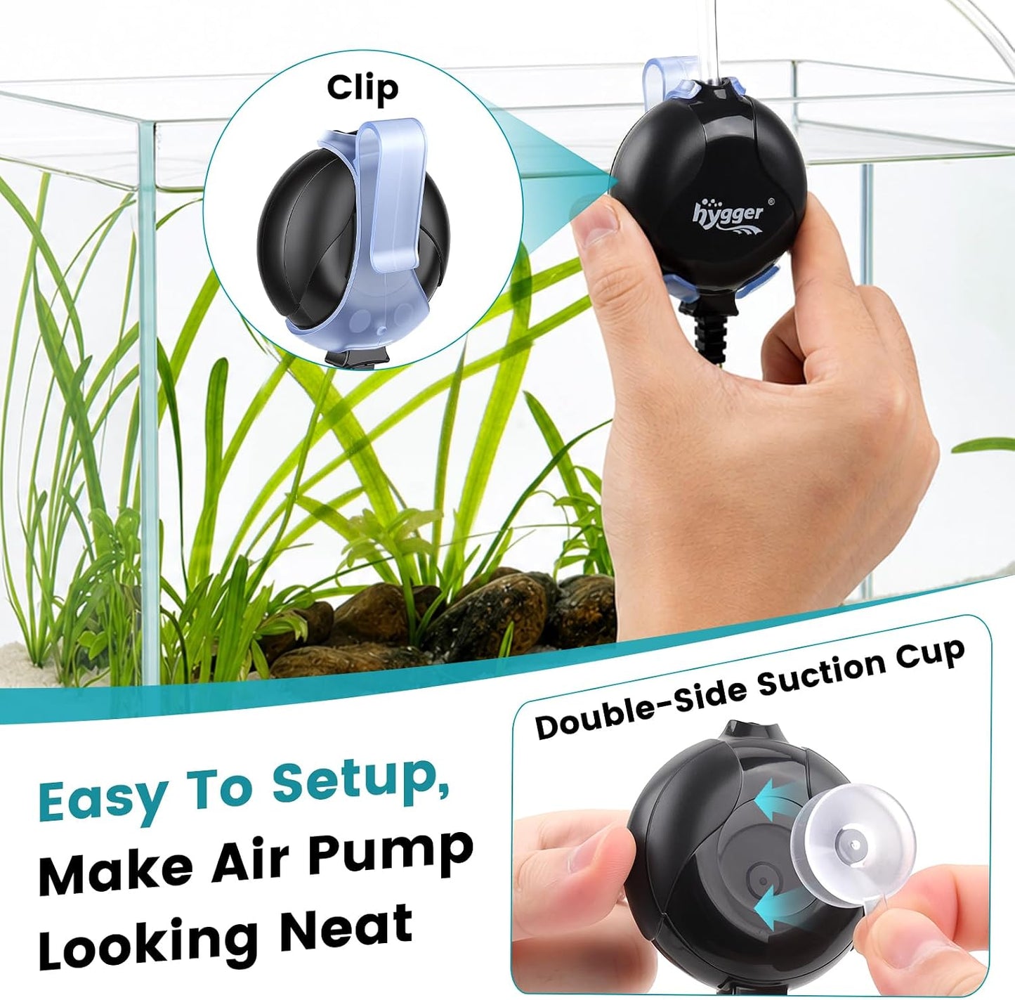 Hygger mini air pump mounted on fish tank glass
