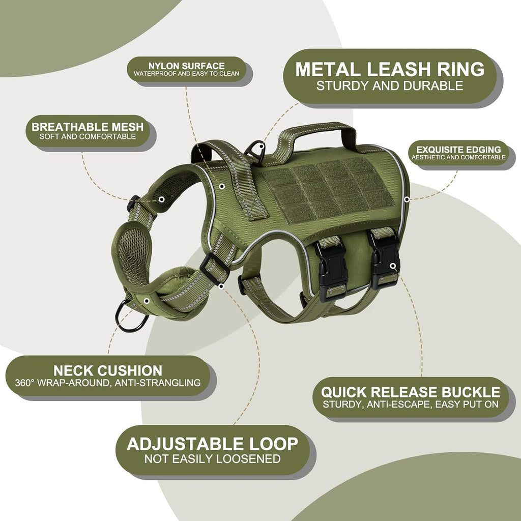 RunFido green tactical pet vest illustrating the quick release buckles and adjustable straps.
