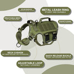 RunFido green tactical pet vest illustrating the quick release buckles and adjustable straps.