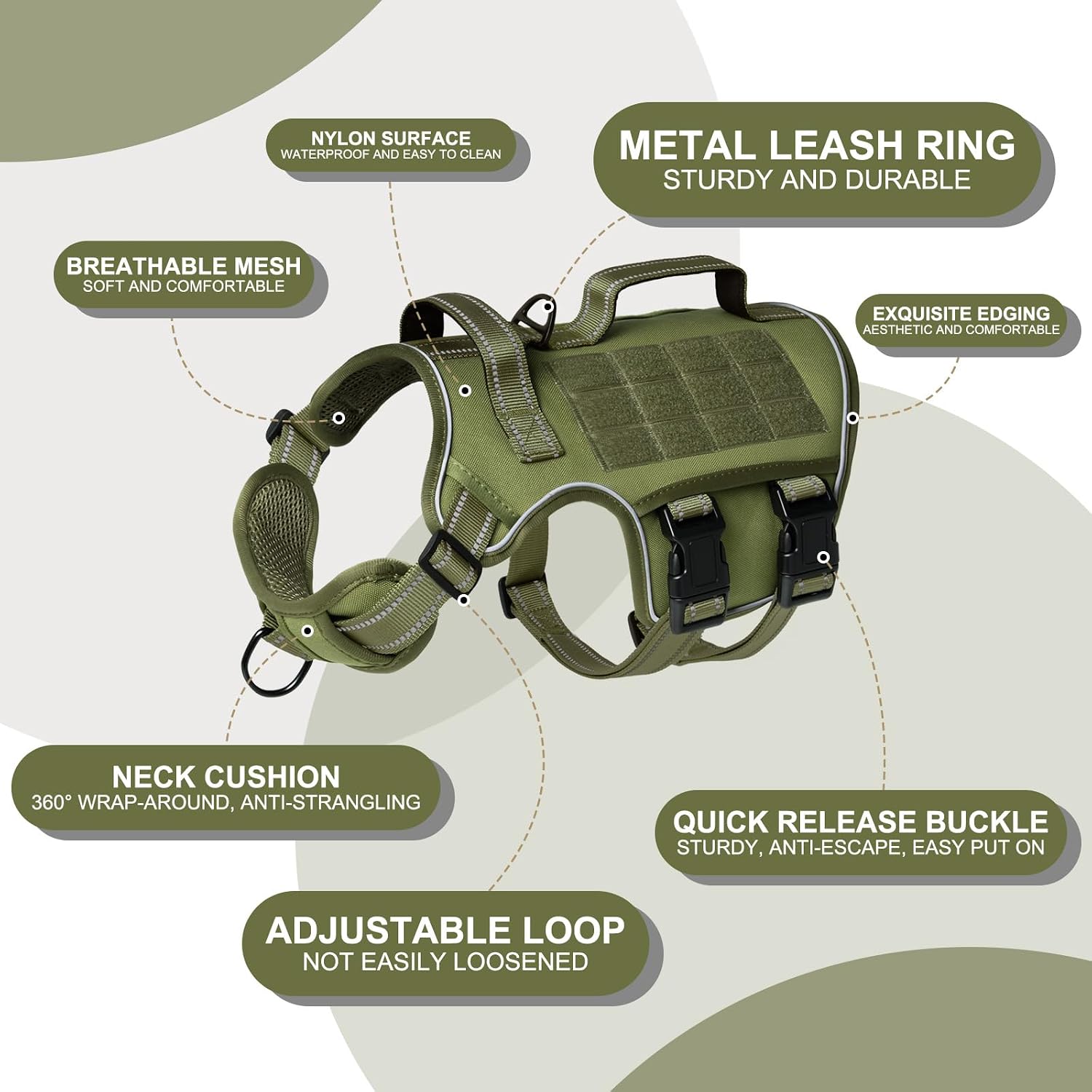 RunFido green tactical pet vest illustrating the quick release buckles and adjustable straps.