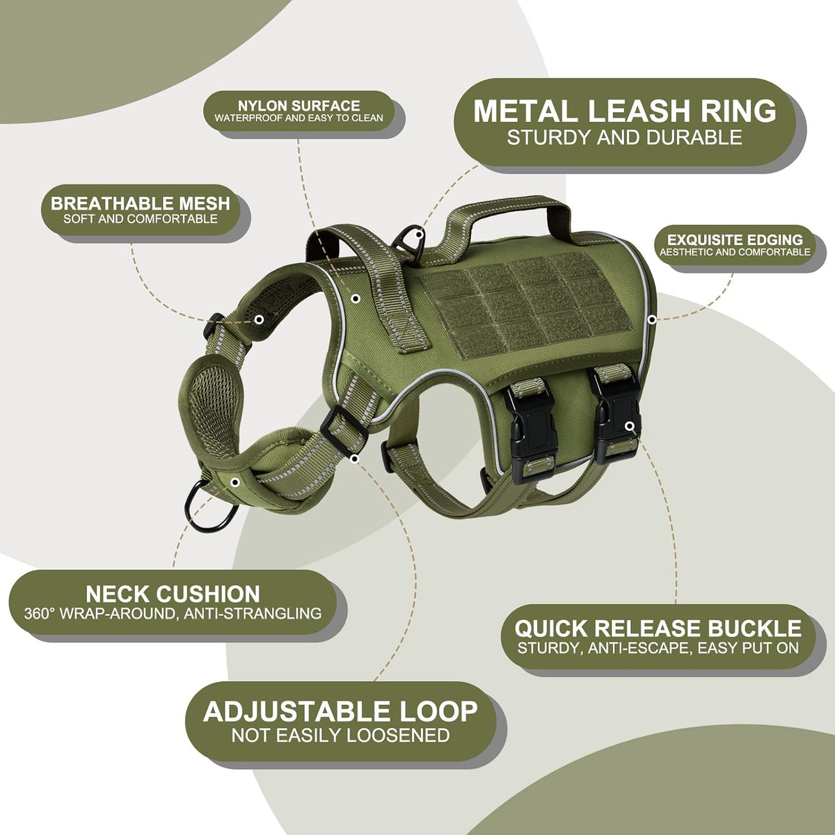 RunFido green tactical pet vest illustrating the quick release buckles and adjustable straps.