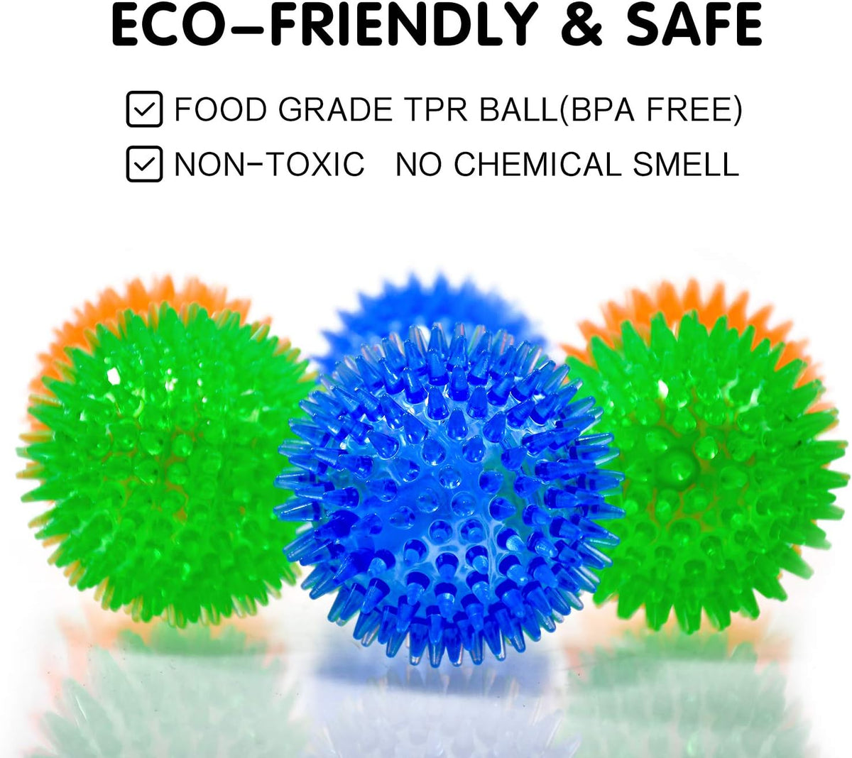 Brightly colored blue green and orange fetch balls for puppies