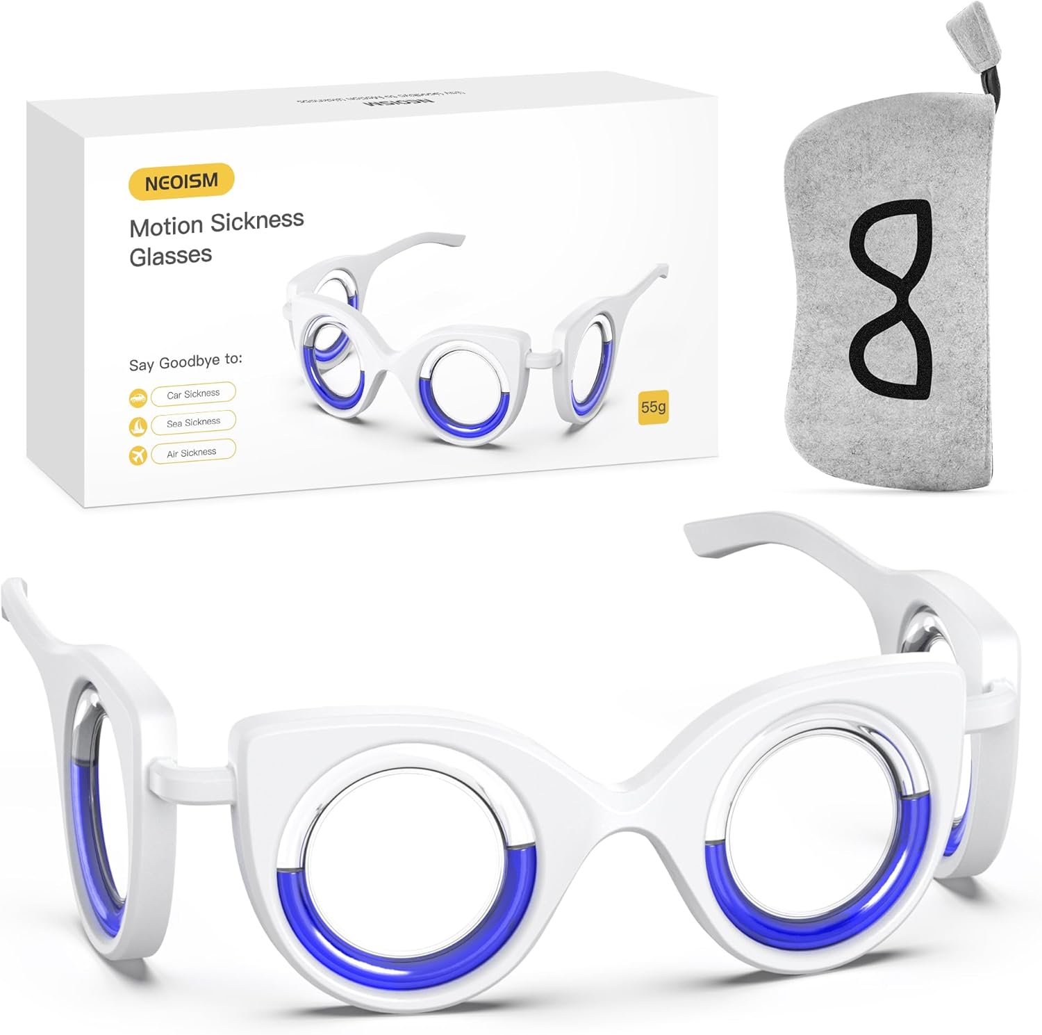 NEOISM anti motion sickness glasses front view showing liquid filled rings.