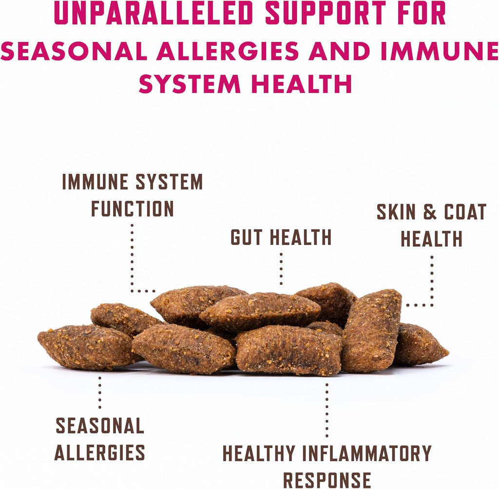 Back label of Rocco & Roxie cat allergy relief chews highlighting probiotics and fish oil