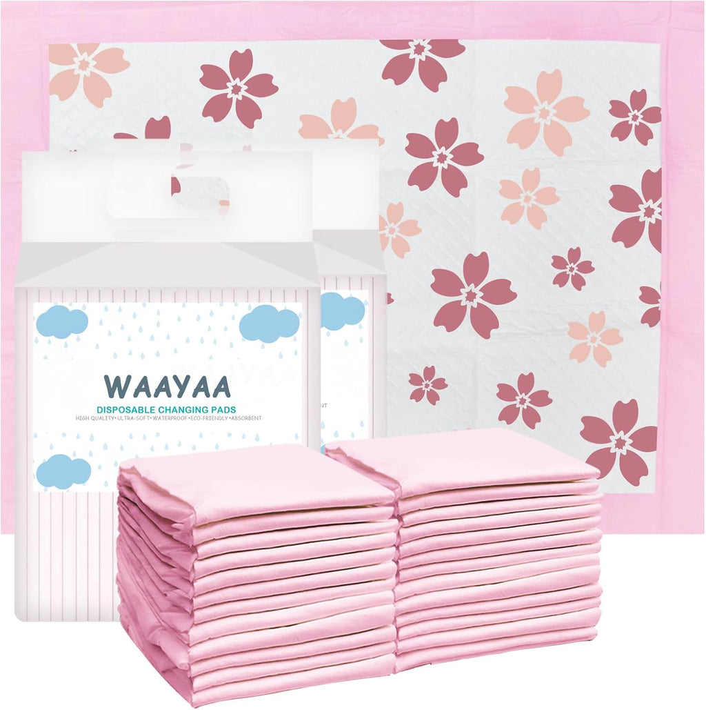 Buyockss Waayaa disposable changing pads front view showing packaging and cherry blossom design.