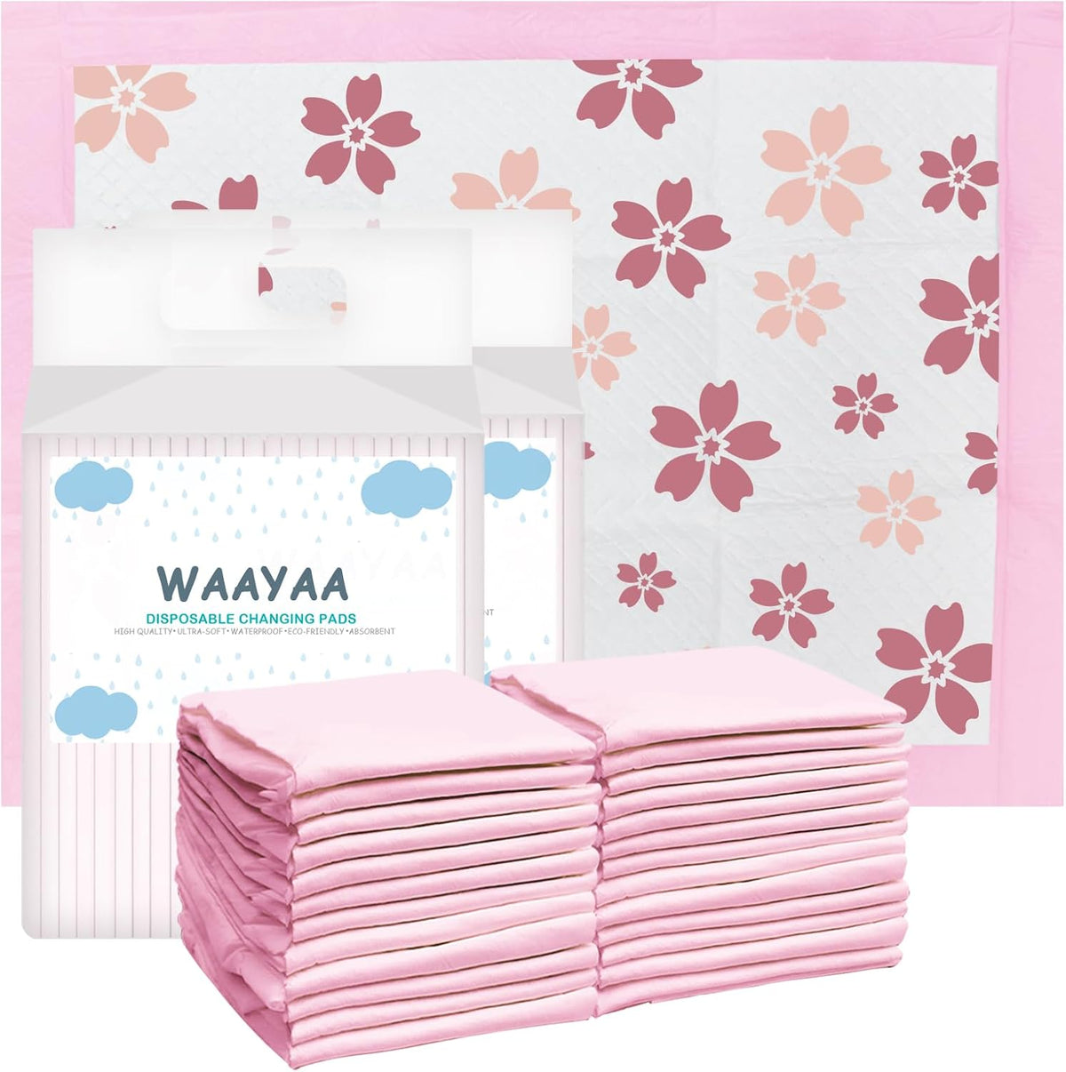 Buyockss Waayaa disposable changing pads front view showing packaging and cherry blossom design.