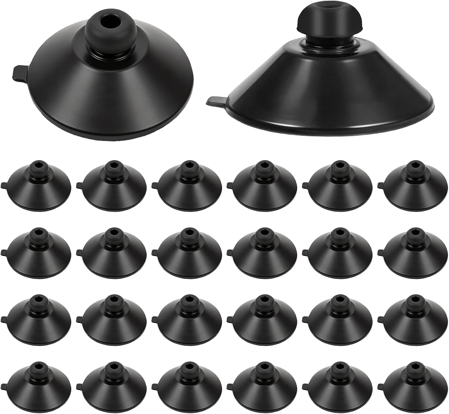Classicseali aquarium suction cups front view showing the twenty four pieces pack of black rubber suckers for fish tank organization.