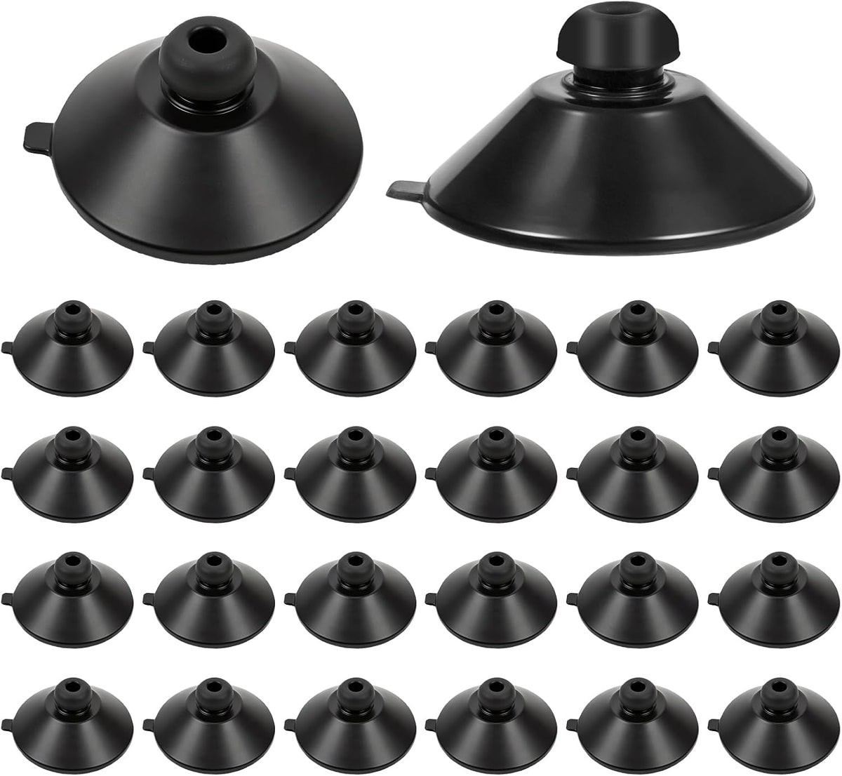 Classicseali aquarium suction cups front view showing the twenty four pieces pack of black rubber suckers for fish tank organization.