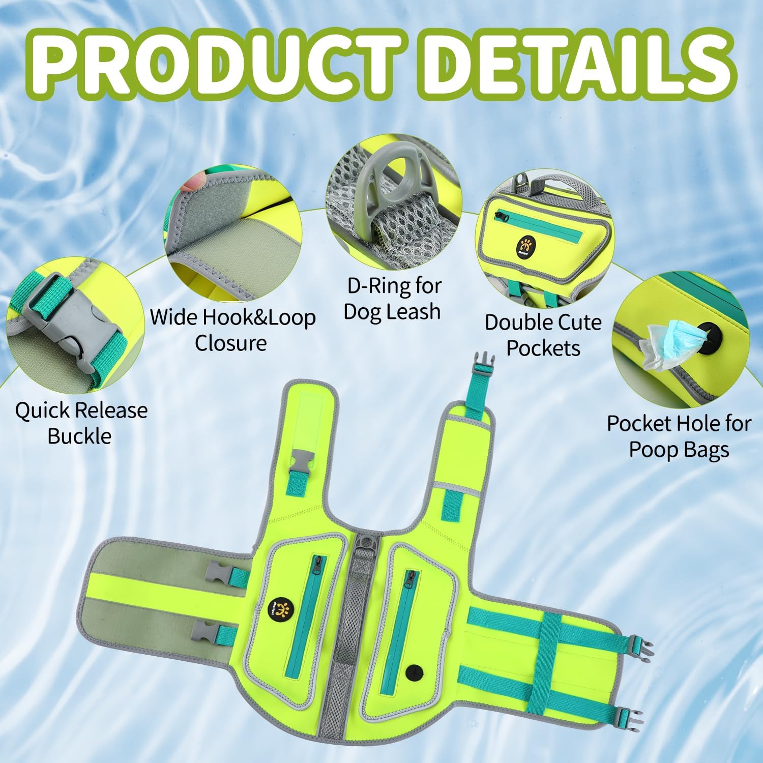 Sheripet green floating pet life preserver showing quick release tummy and neck buckles.
