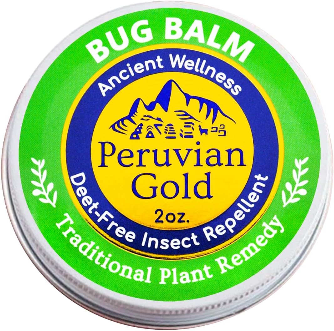 Peruvian Gold Bug Off Balm 2 ounce front view natural DEET-free insect repellent container