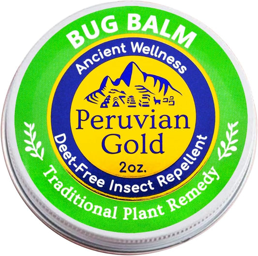 Peruvian Gold Bug Off Balm 2 ounce front view natural DEET-free insect repellent container