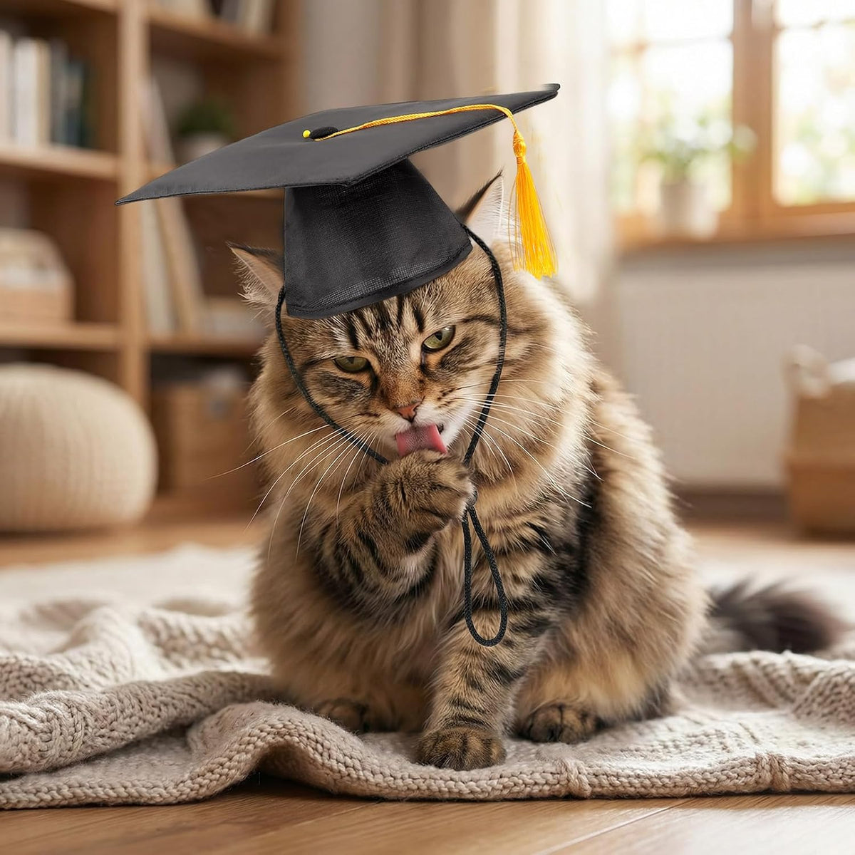 Small dog wearing an adjustable black graduation cap