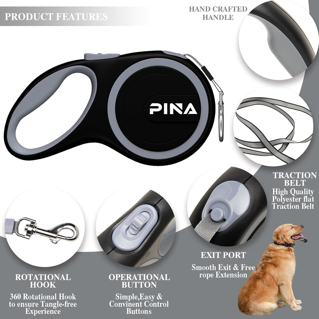 Pina 26 feet reflective dog leash showing the one handed brake button