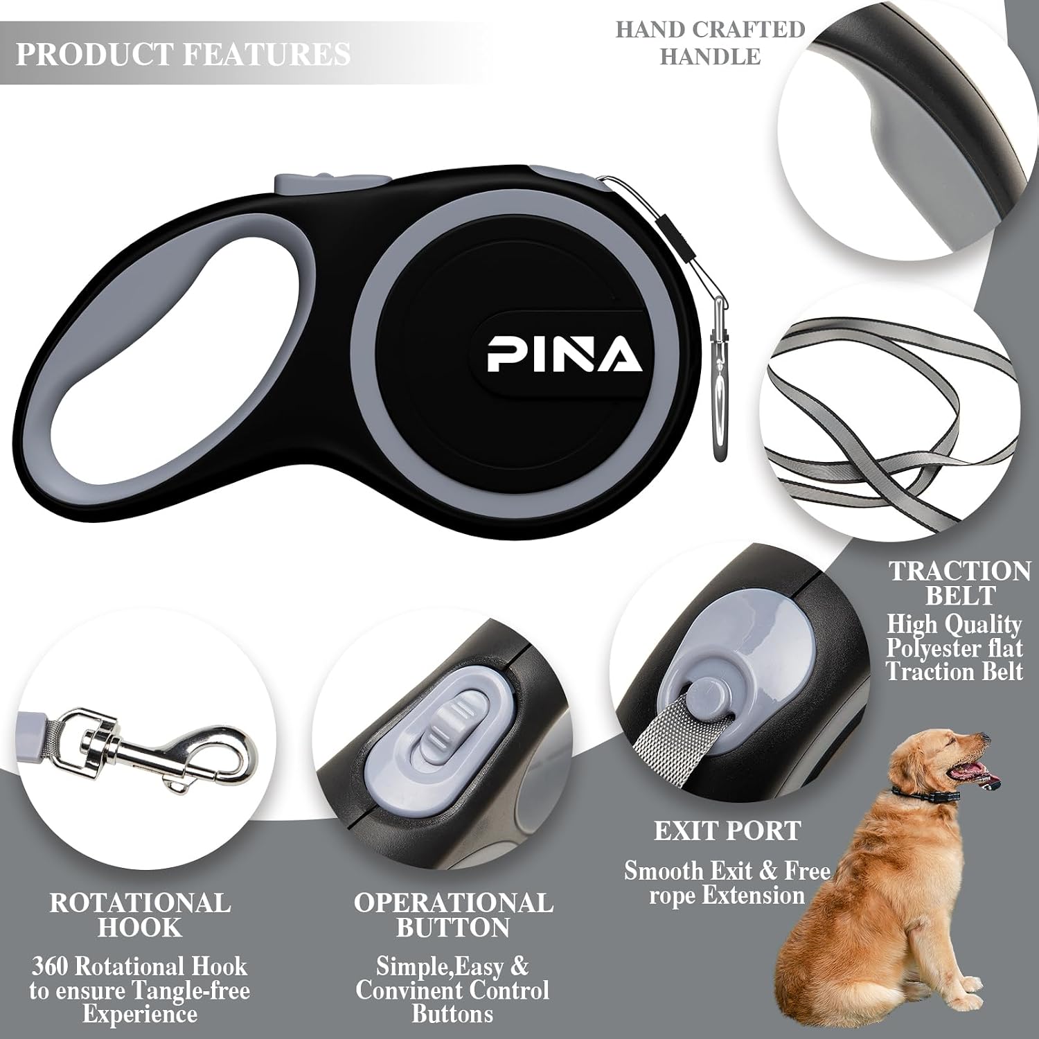 Pina 26 feet reflective dog leash showing the one handed brake button