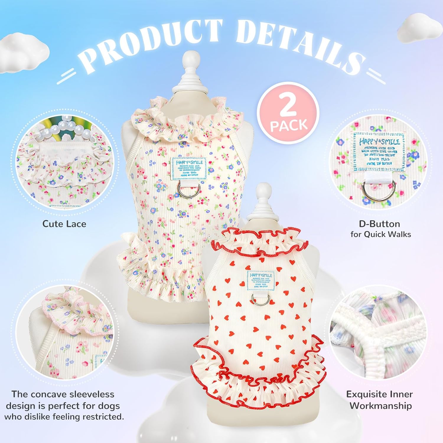 AXIIJGL puppy summer clothes pack of two with floral and heart prints.