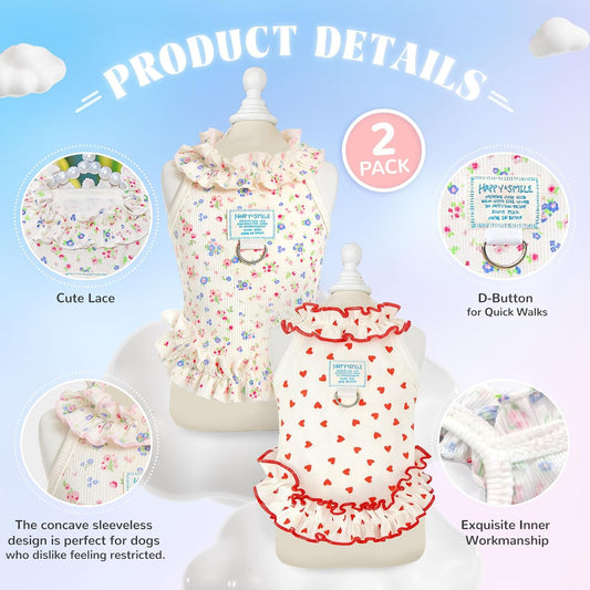 AXIIJGL puppy summer clothes pack of two with floral and heart prints.