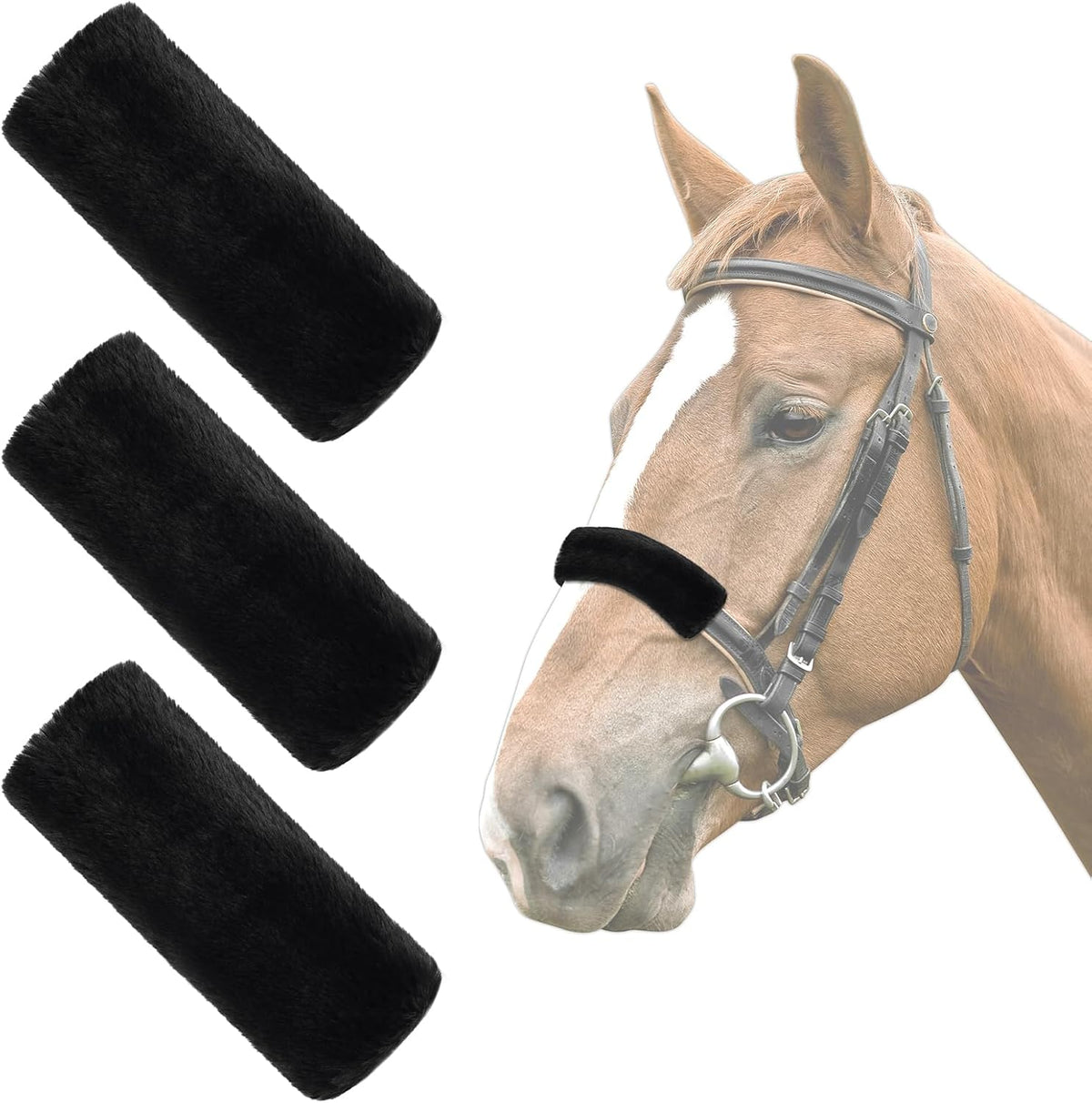 NVAAV horse halter noseband cover set front view showing soft artificial rabbit fur padding.