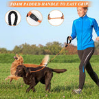 Ergonomic foam padded handle close up on premium imported dual leash