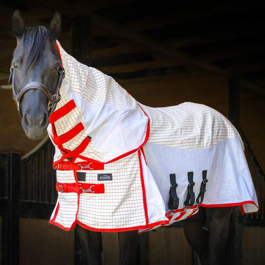 Jeffers Romper Stomper sweet itch fly sheet front view on horse.
