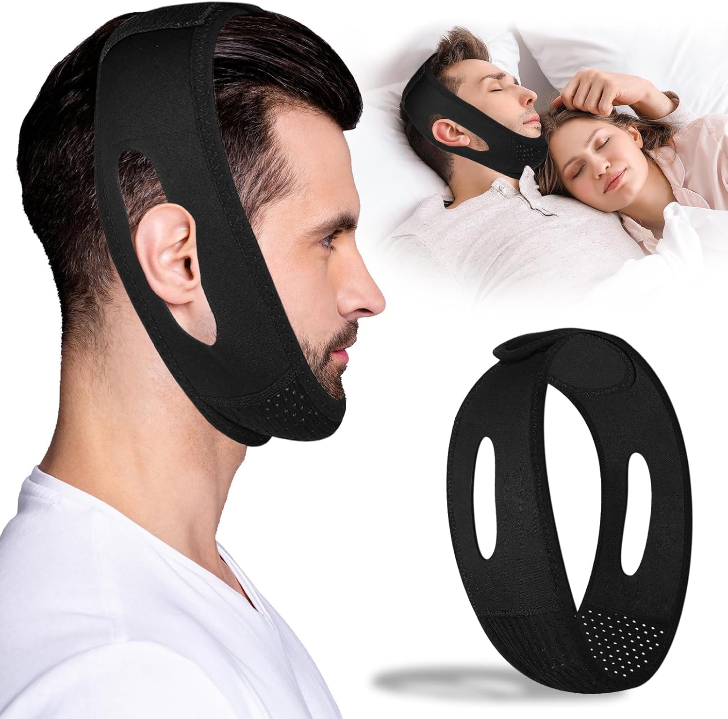 Lunia Anti Snoring Chin Strap front view showing black breathable material