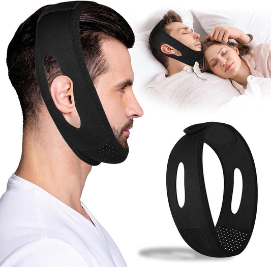 Lunia Anti Snoring Chin Strap front view showing black breathable material