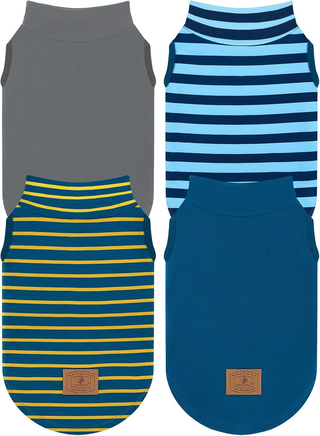 A small to medium puppy standing comfortably outdoors wearing the striped thermal vest shirt