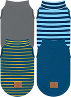 A small to medium puppy standing comfortably outdoors wearing the striped thermal vest shirt