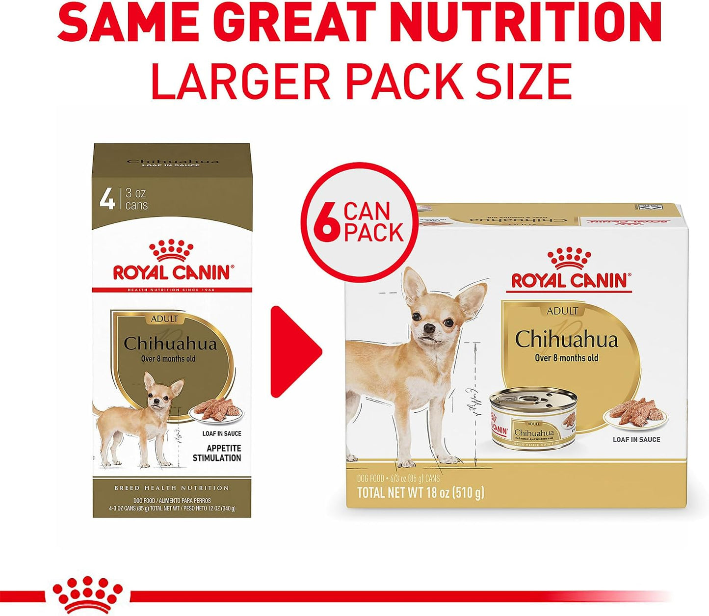 Royal Canin adult Chihuahua wet food can showcasing the premium pate in sauce texture for small breeds