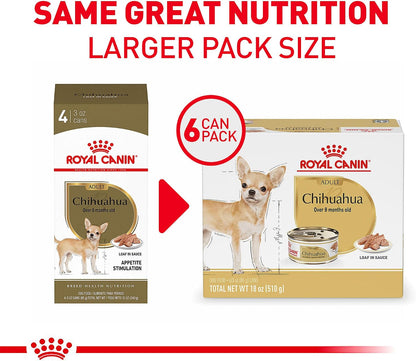 Royal Canin adult Chihuahua wet food can showcasing the premium pate in sauce texture for small breeds
