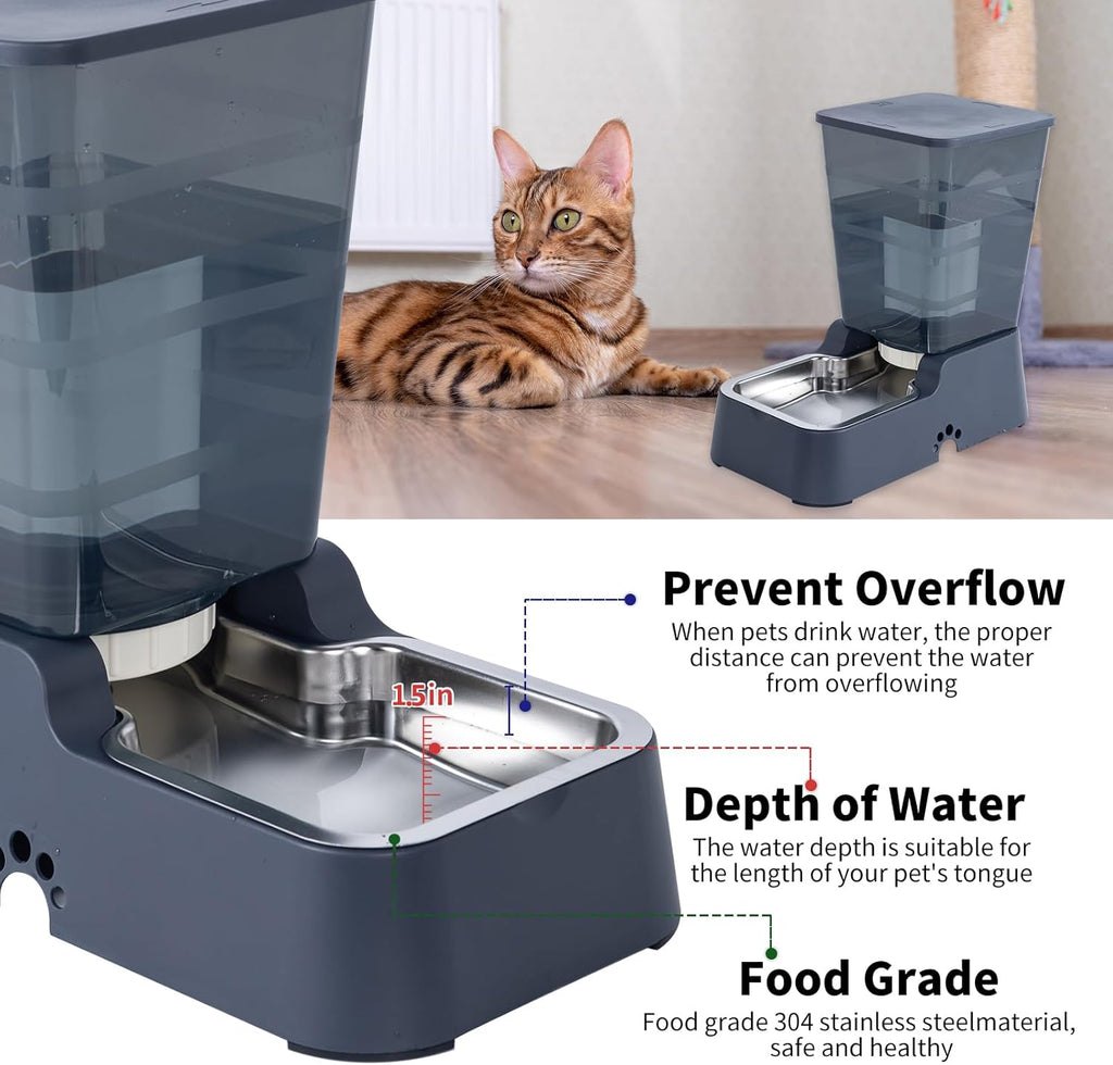 Meikuler pet food dispenser with stainless steel bowl close up showing tilt angle design