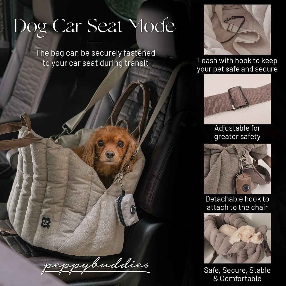 Internal view of Peppy Buddies 3 in 1 carrier with pet safety clip