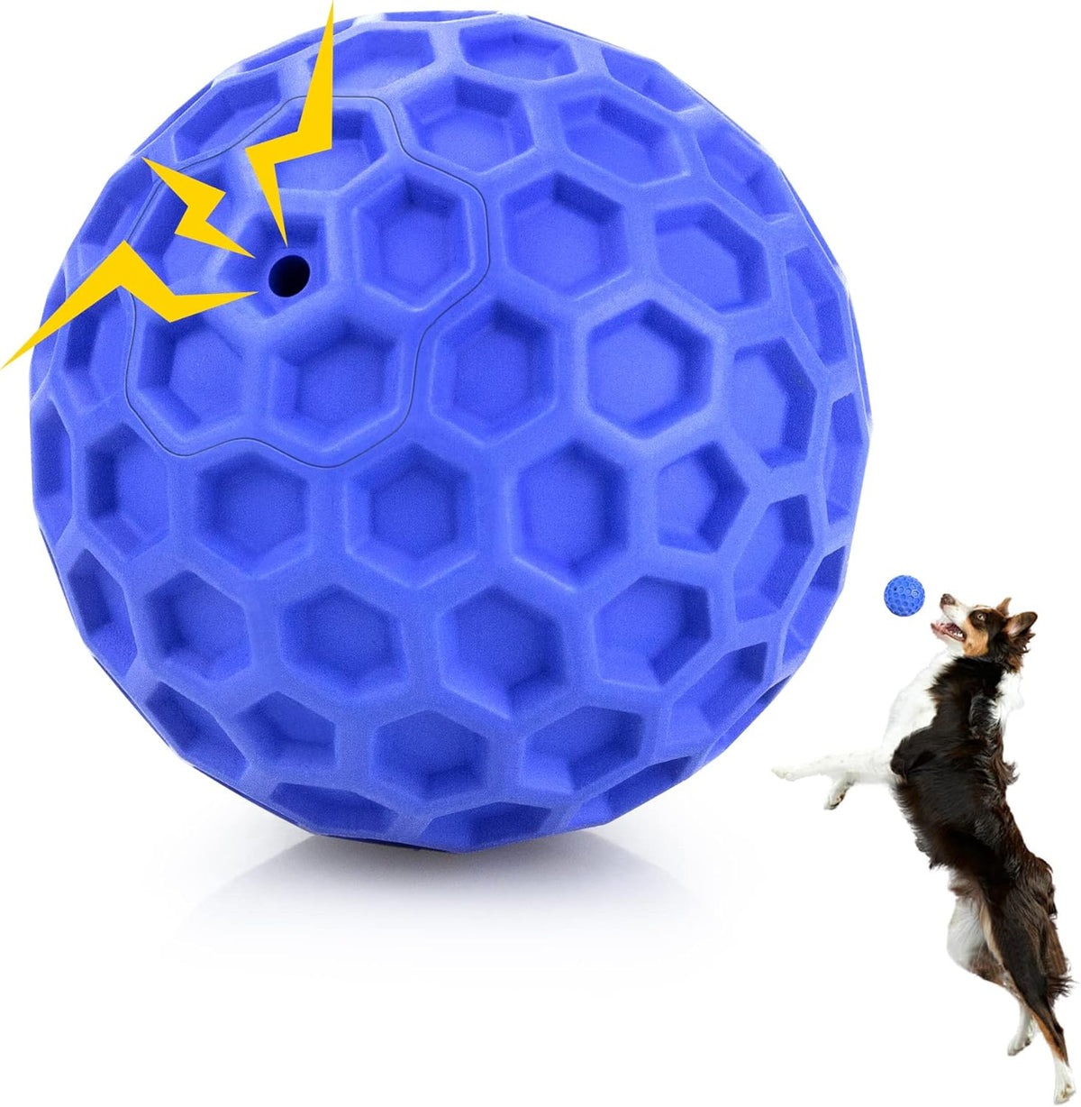 DISSKNIC indestructible squeaky dog ball front view durable blue rubber toy for aggressive chewers.